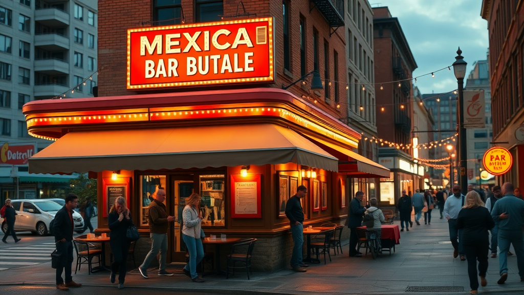 Mexican bar and restaurant welcoming guests on a lively downtown Buffalo street at dusk.