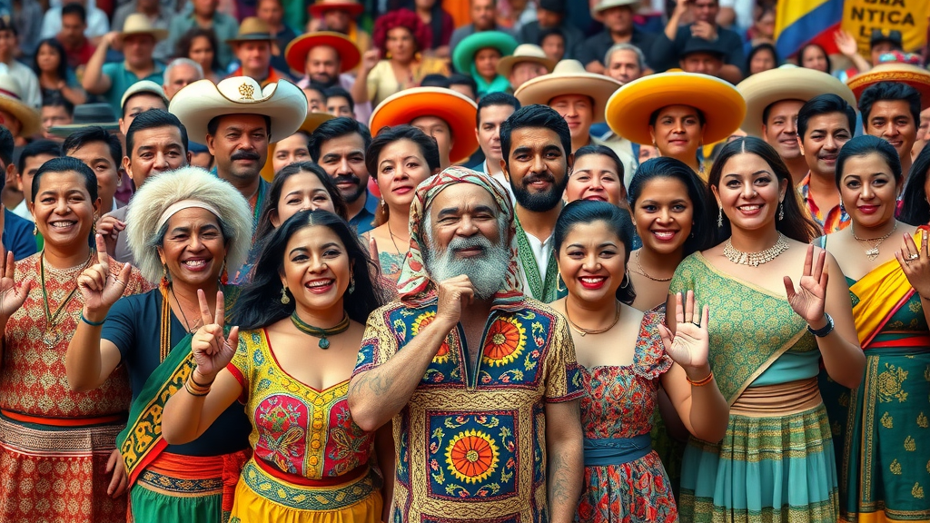 colorful collage of diverse hispanic and latino people celebrating heritage month, wearing traditional attire at a multicultural festival