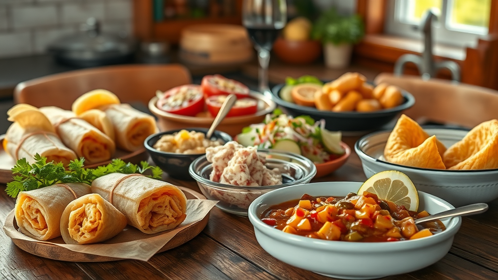 appetizing iconic hispanic foods for hispanic heritage month: tamales, arepas, mole, empanadas, ceviche displayed on rustic table