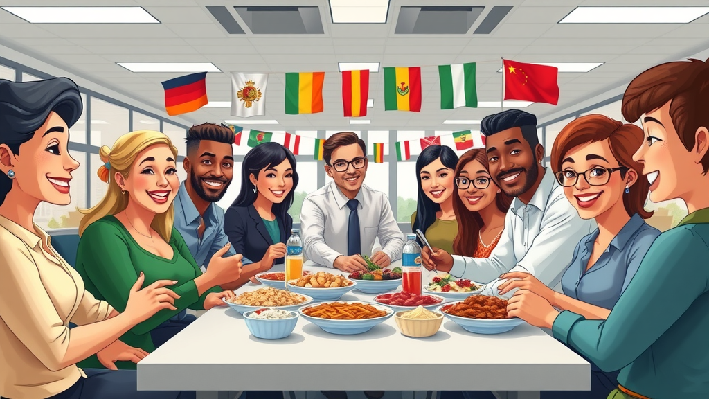 office team celebrating hispanic heritage month with potluck, enjoying traditional dishes at a diverse buffet table